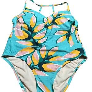 Kona Sol Turquoise and Pink Leaf One-Piece Swimsuit